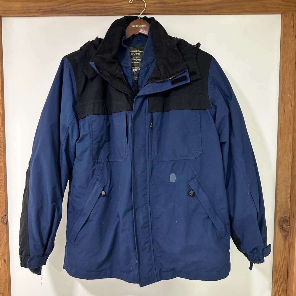 Vintage Eddie Bauer Goose Down Parka Mens L Blue Black Hooded Coat Flawed